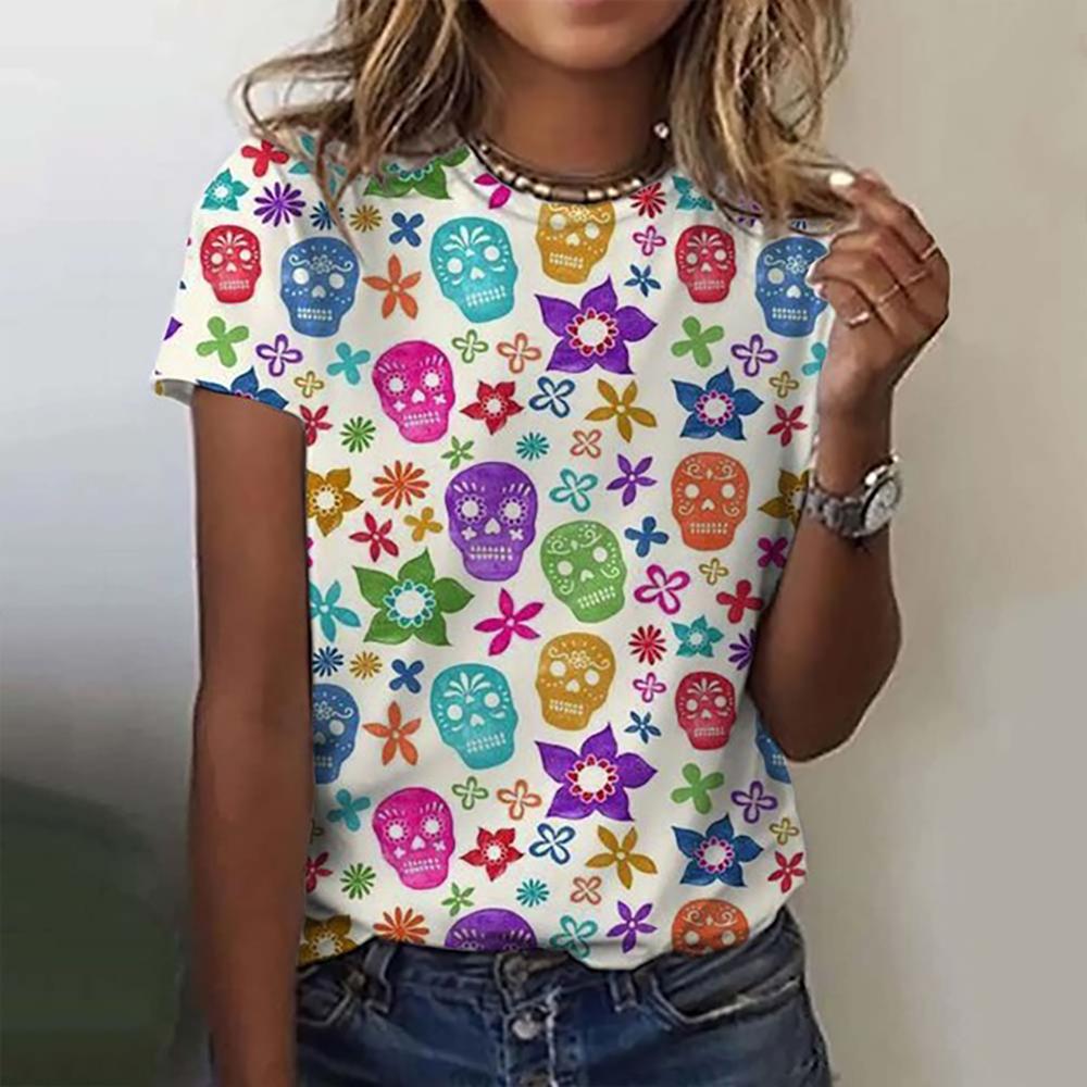 Funny Sugar Skull 3d Print Womens T Shirt Anime Cartoon Anime Mexico Summer Day of the Dead T-shirt For Men Women's Tops