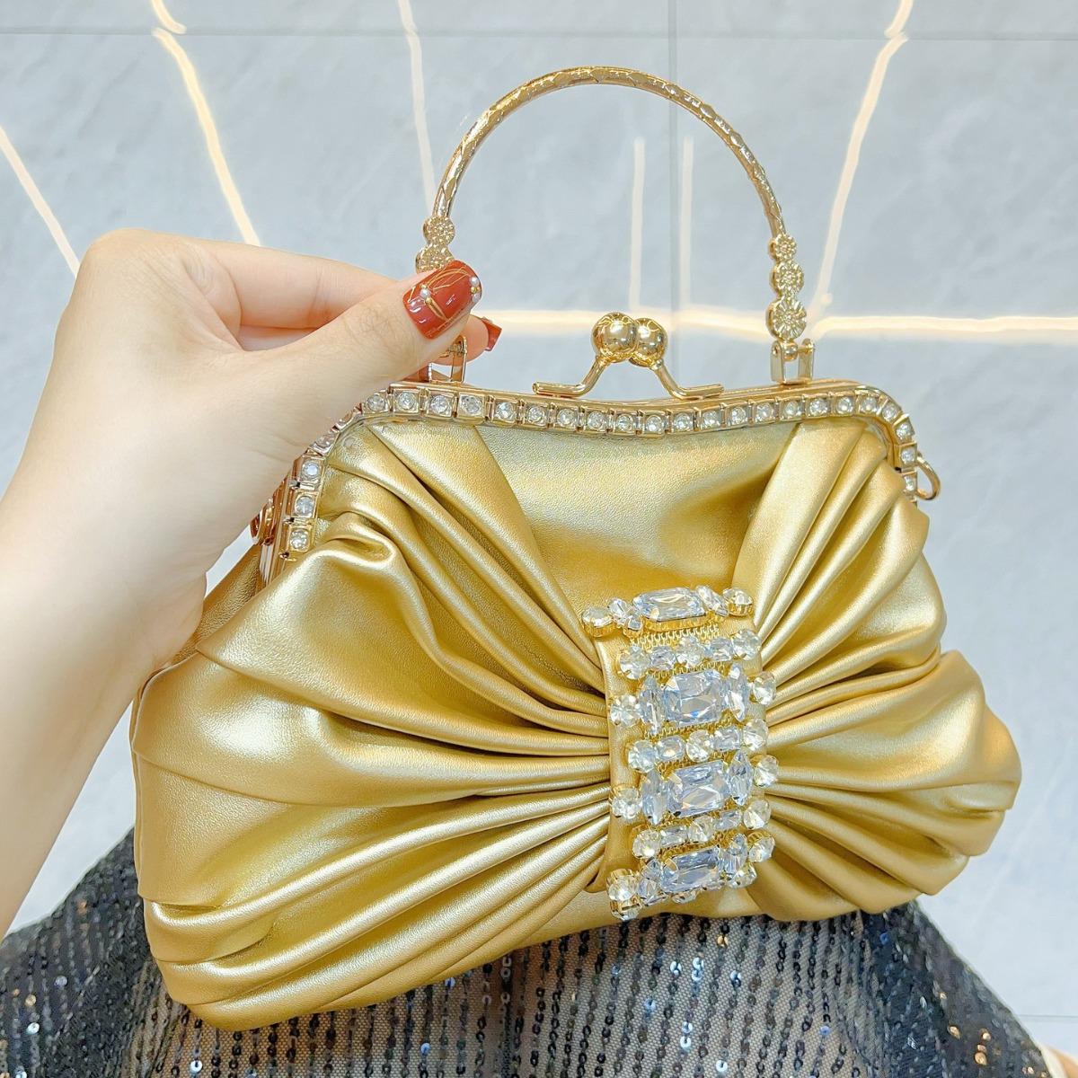 

Французская сказочная вечерняя сумка-кроссбоди с бантом, инкрустированная бриллиантами золотой