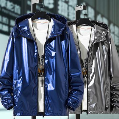Men Shiny Glossy Coat Hooded Long Sleeve Teenager Coat with Adjustable Drawstrings Cuffed Sleeves Bright Surface Jacket