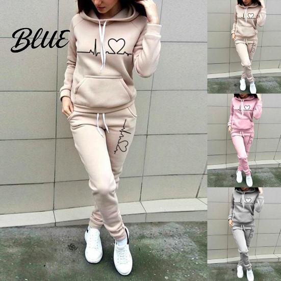 Thick 2 Pcs/Set Lady Tracksuit Heart Print Warm Hoodie Suit Breathable Solid Color for Daily Wear Autumn