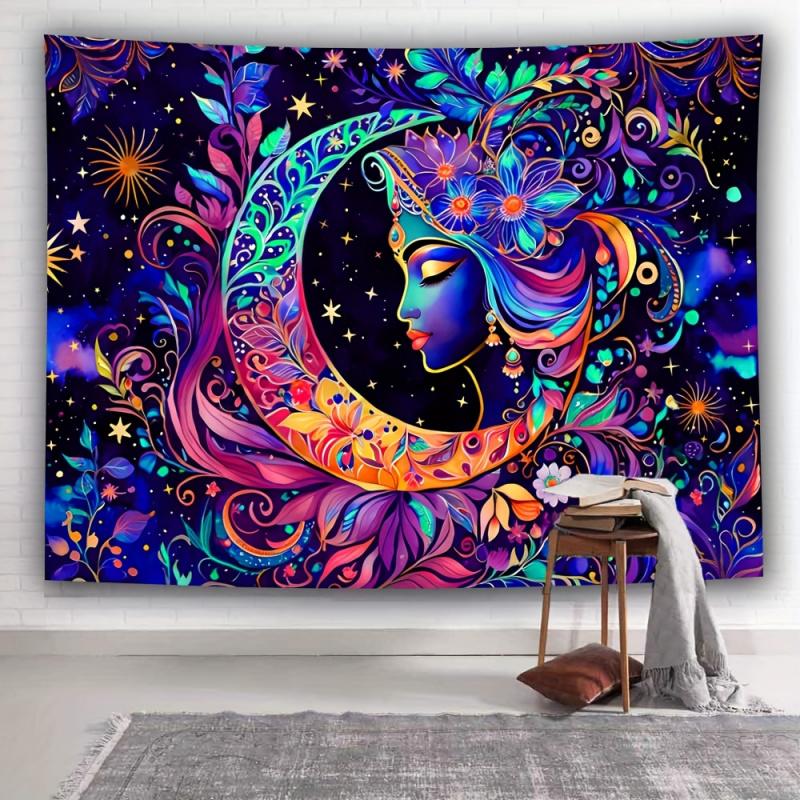 Neon Style Star And Moon Goddess Tapestry, Wall Hanging For Living Room And Bedroom, Home Decoration