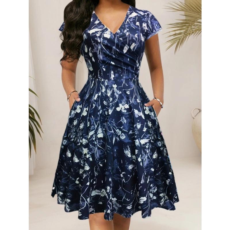 Women Dress Summer Round Neck Pocket Short-sleeved Popular Printed Long Skirt Elegant Dress
