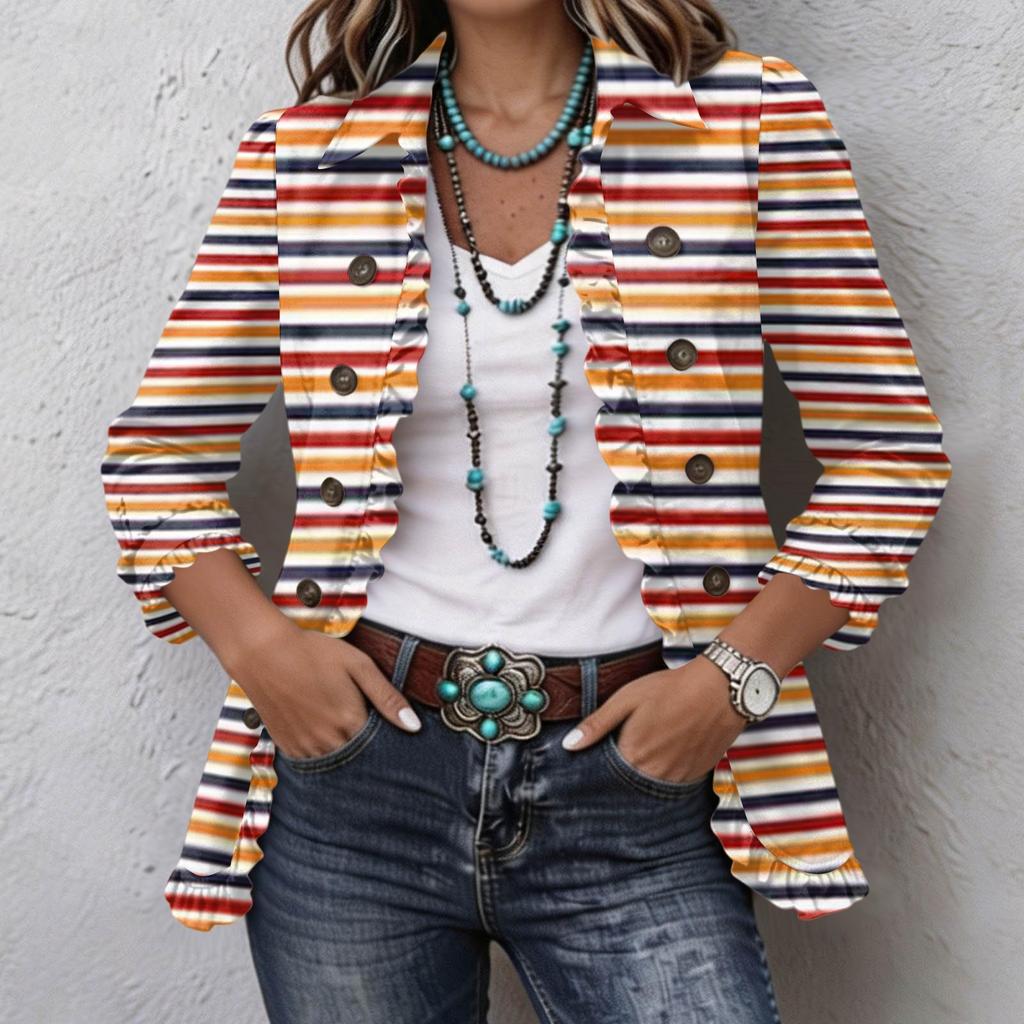 Women's Striped Print Long Sleeve Ruffle Button Front Shirt Jacket for Casual Wear