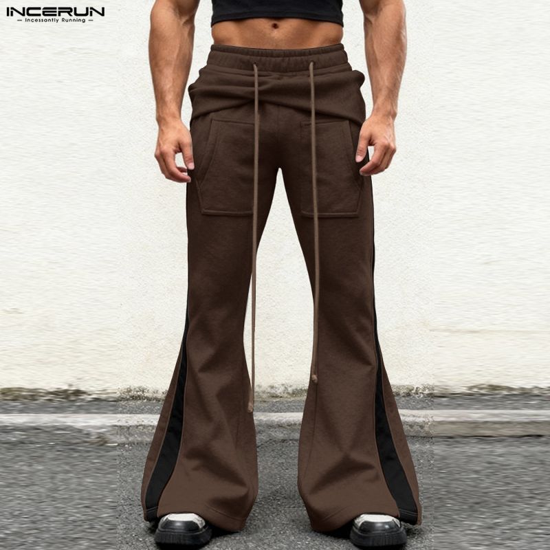 INCERUN Men Casual Drawstring Elastic Waist Hooded Long Sweatpants Flare Pants Trousers
