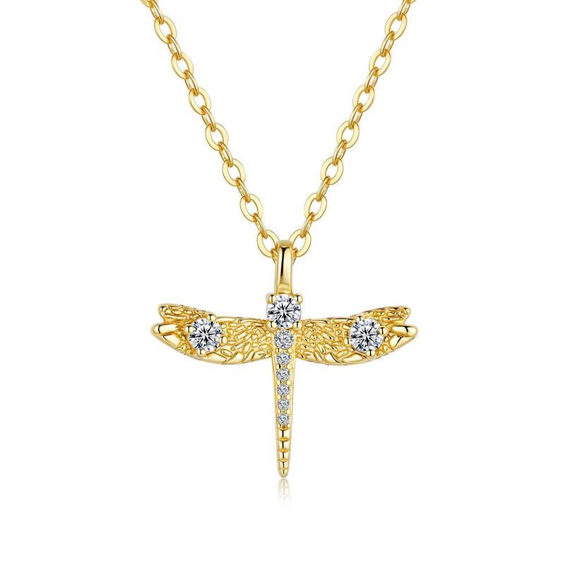 Sterling Dragonfly Pendant Necklace Women 14K Gold Plated Full Moissanite CZ Simple Floral Design Cross Chain 925 Sterling Silver