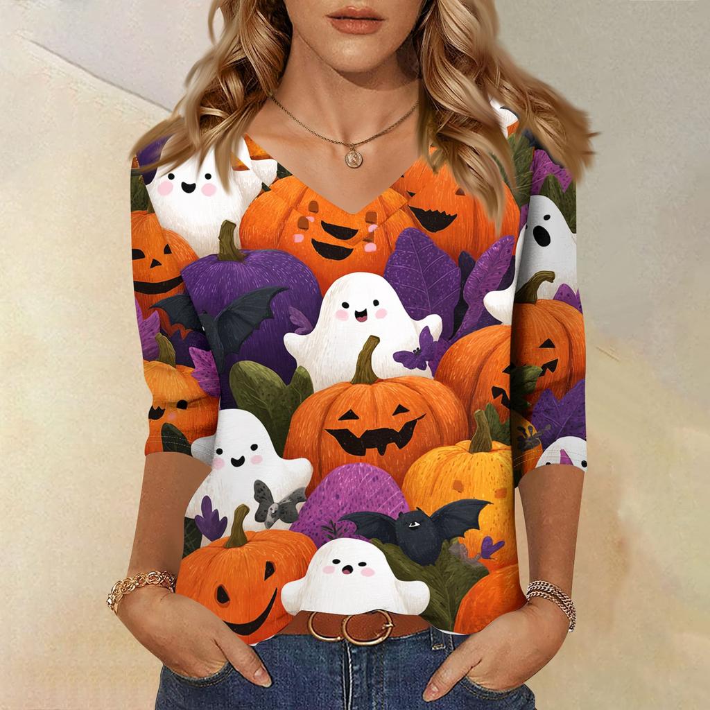 Women's Fashion Casual Halloween Print V Neck Three Quarter Sleeve Top Lightweight Comfortable Fit Stylish Design