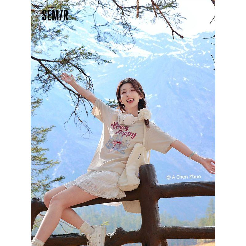 

Senma Short sleeve T-shirt Women Mid-Length Pattern Cute Retro 2025 New Moisture Absorption Quick-Drying Loose Summer Clothing Niche This White 10102 155/80A/S