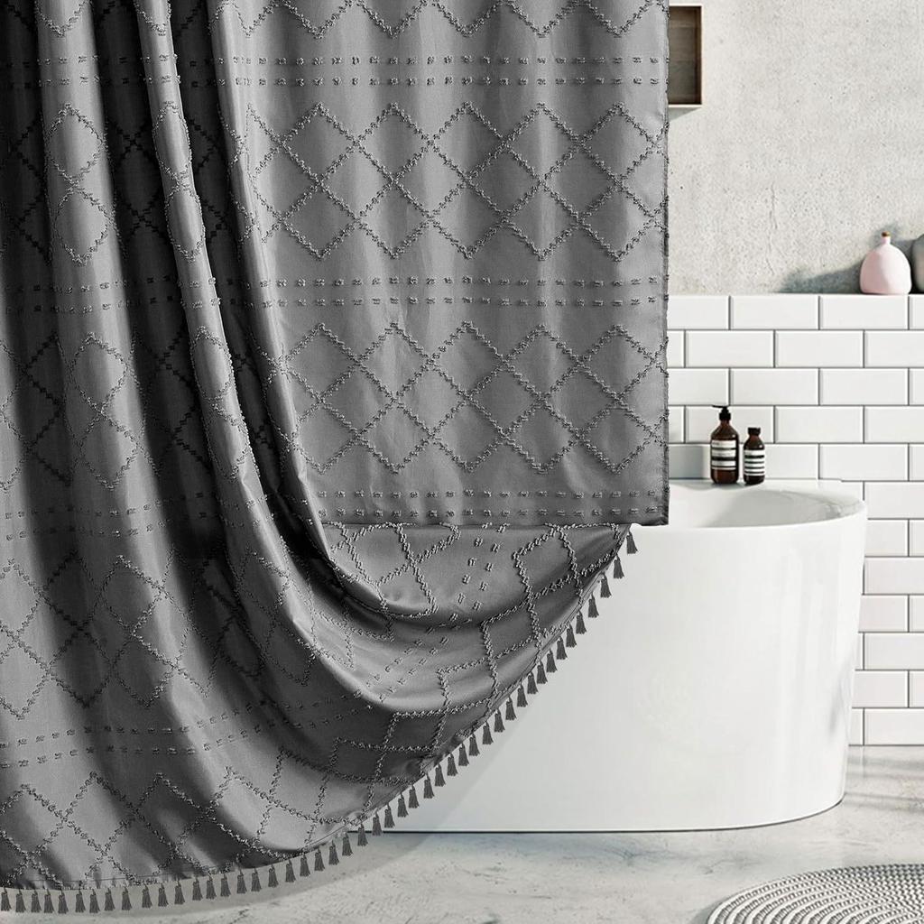 Waterproof Tassel Lace Shower Curtain with Floral Design