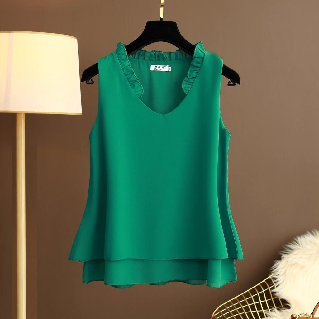 Women's Summer Solid Color V-Neck Plus Size Chiffon Shirt Design Loose Sleeveless Bottom Tank Top
