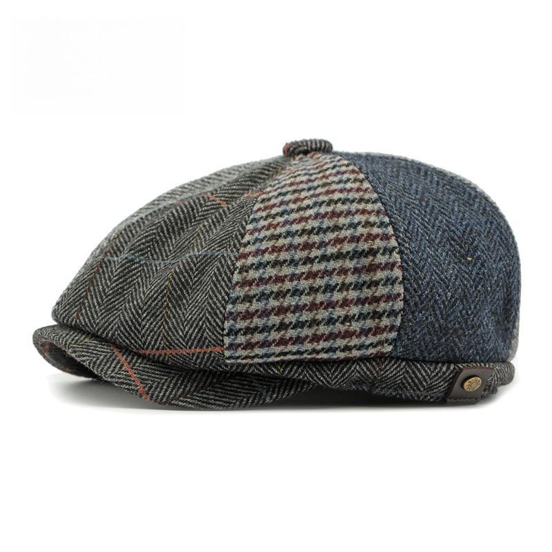 Men s Patchwork Woolen Newsboy Cap Retro British Herringbone Tweed Octagonal Hat Autumn Winter Warm Baker Boy Cabbie Hat 55-59cm