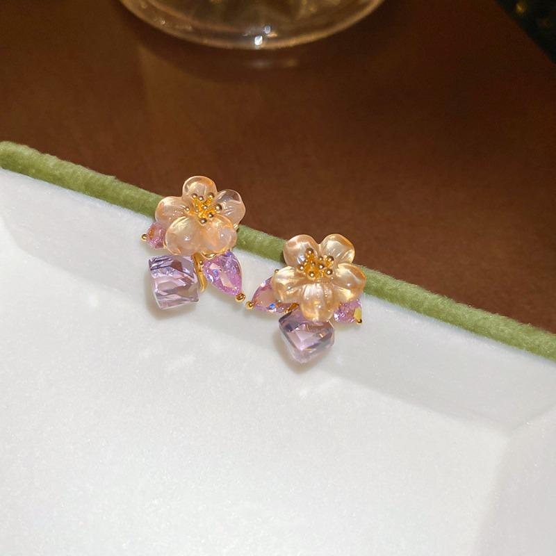 Monet Garden~ Dopamine Crystal Flower Stud Earrings Sweet Small Fresh Delicate Earrings Light Luxury Premium Earrings