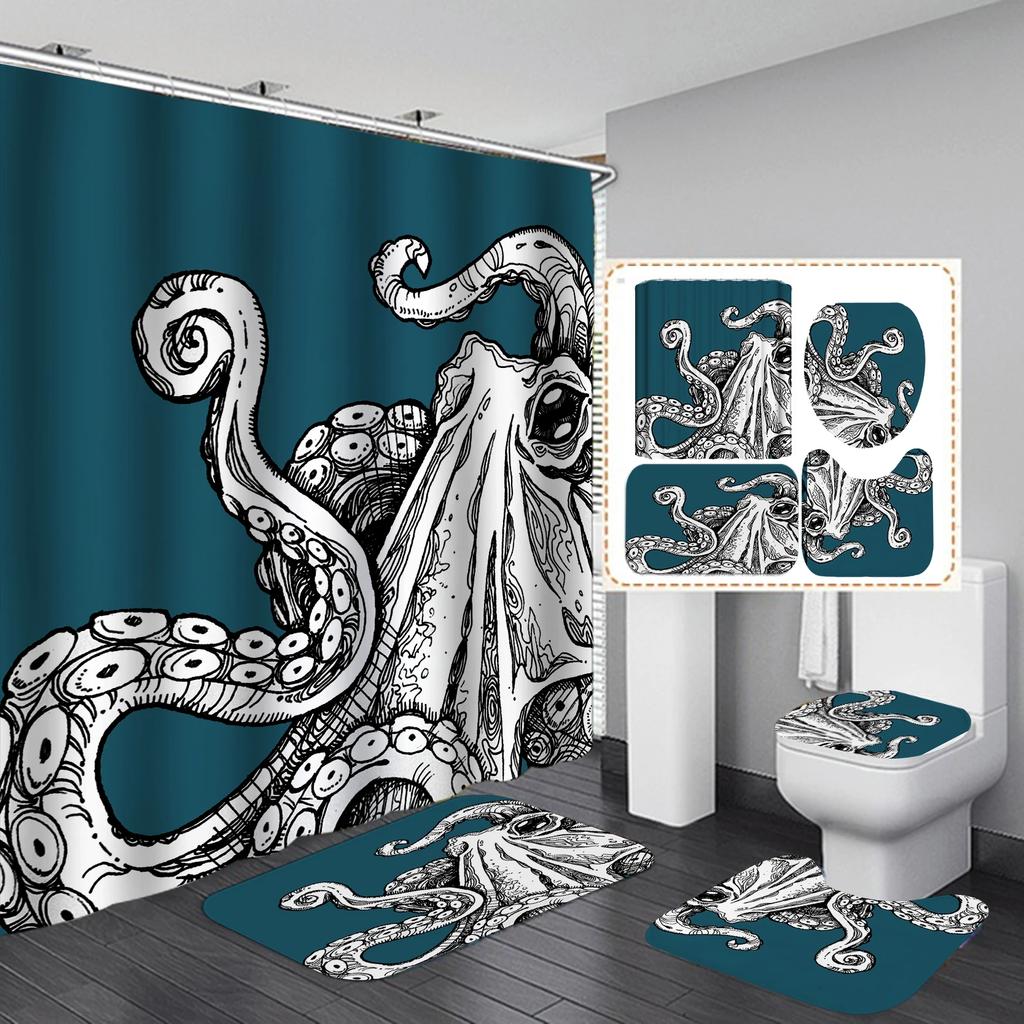 Ocean Monster Octopus Print Shower Curtain Set Waterproof Bathroom Curtain Set With Rugs Toilet Cover Mat For Bathroom Decor