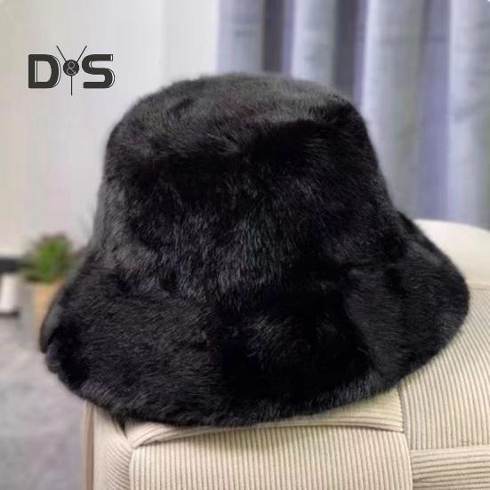 Damen Winter-Eimerhut, flauschiger Plüsch, kurze Krempe, einfarbig, Kuppel, winddicht, wärmend, Sonnenschutz, Fischermütze, Kopfbedeckung für Outdoor-Reisen