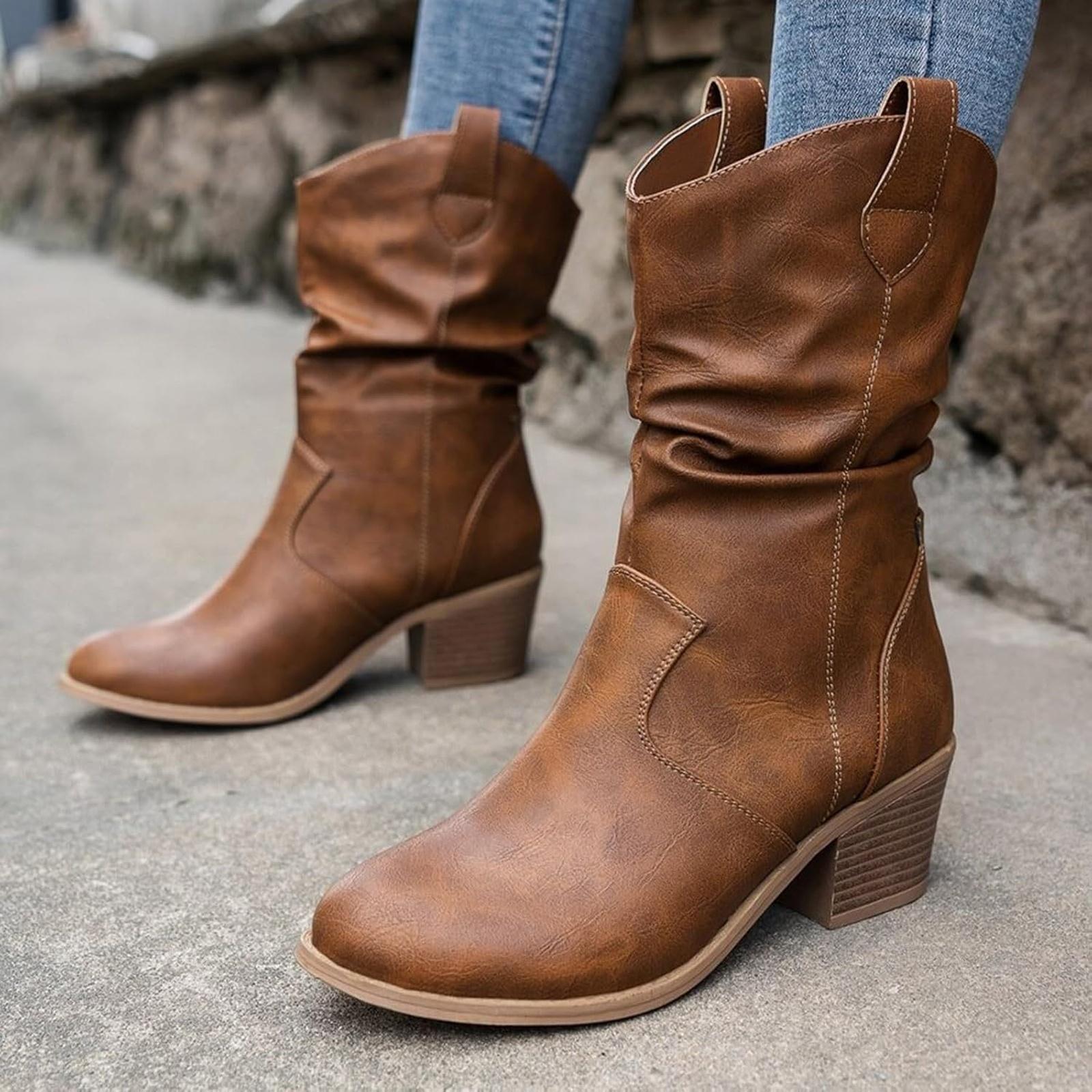 

Women s Fashion Mid Calf Round Toe Chunky Heel Boots Pull Boots - Black PU Leather - US Women s Size 6-10 39 коричневий