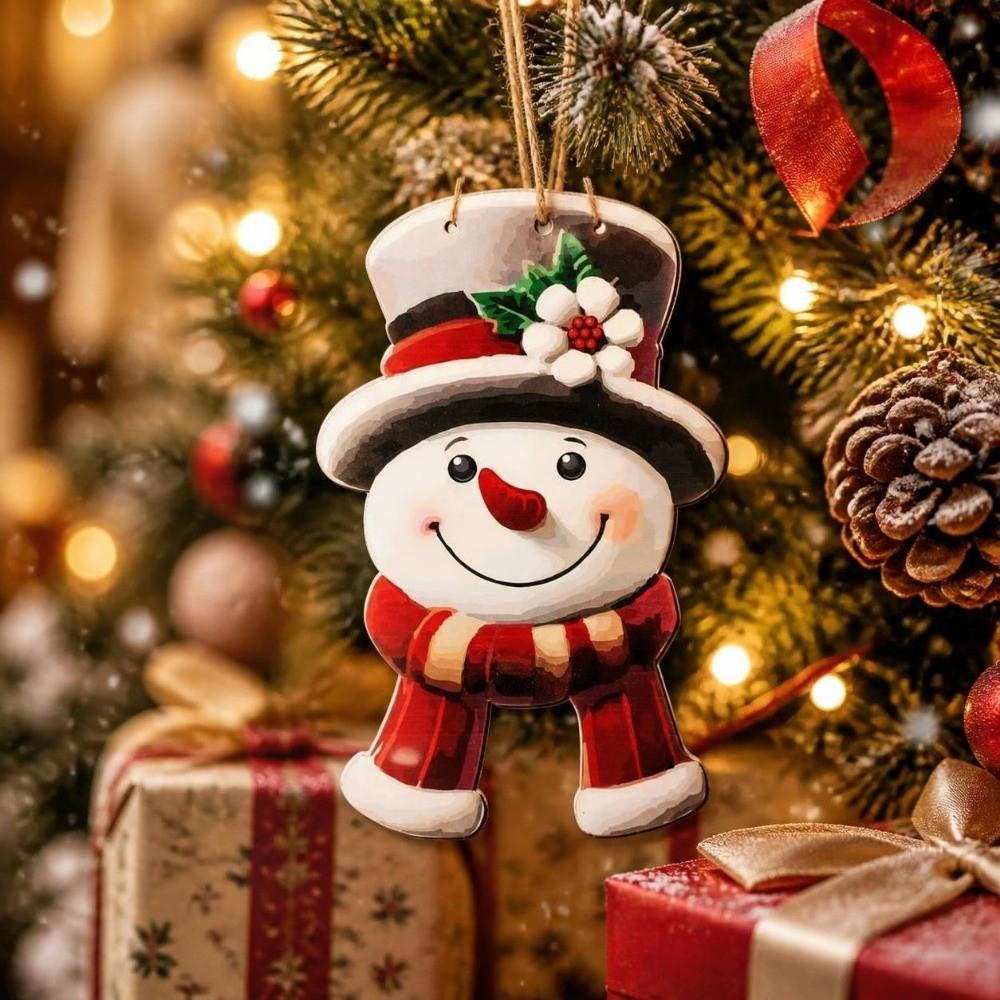 Wooden Snowman Decoration 2D Flat Design Ornaments Christmas Hanging Plate Rural Style Flower Wreath Door Decoration Outdoor Use