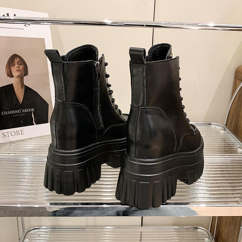High Platform Ankle Boots Women Lace-up Combat Motorcycle Boots Classic Punk Leather Shoes Woman Thick Soles Warm Fur Snow Boots