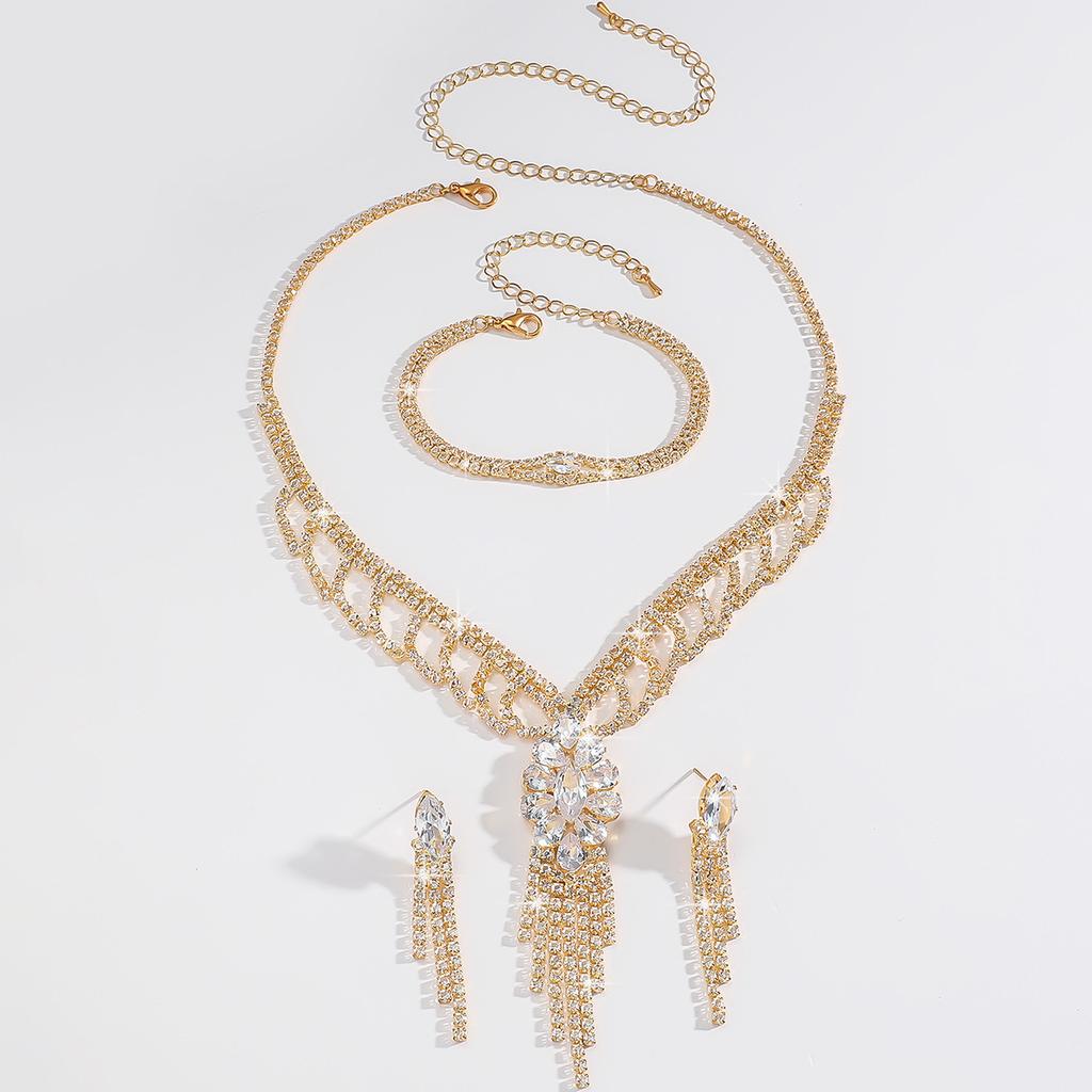 Vintage Full Diamond Zircon Fringed Collarbone Necklace Earrings Set Claw Chain Rhinestone Dress Necklace Women