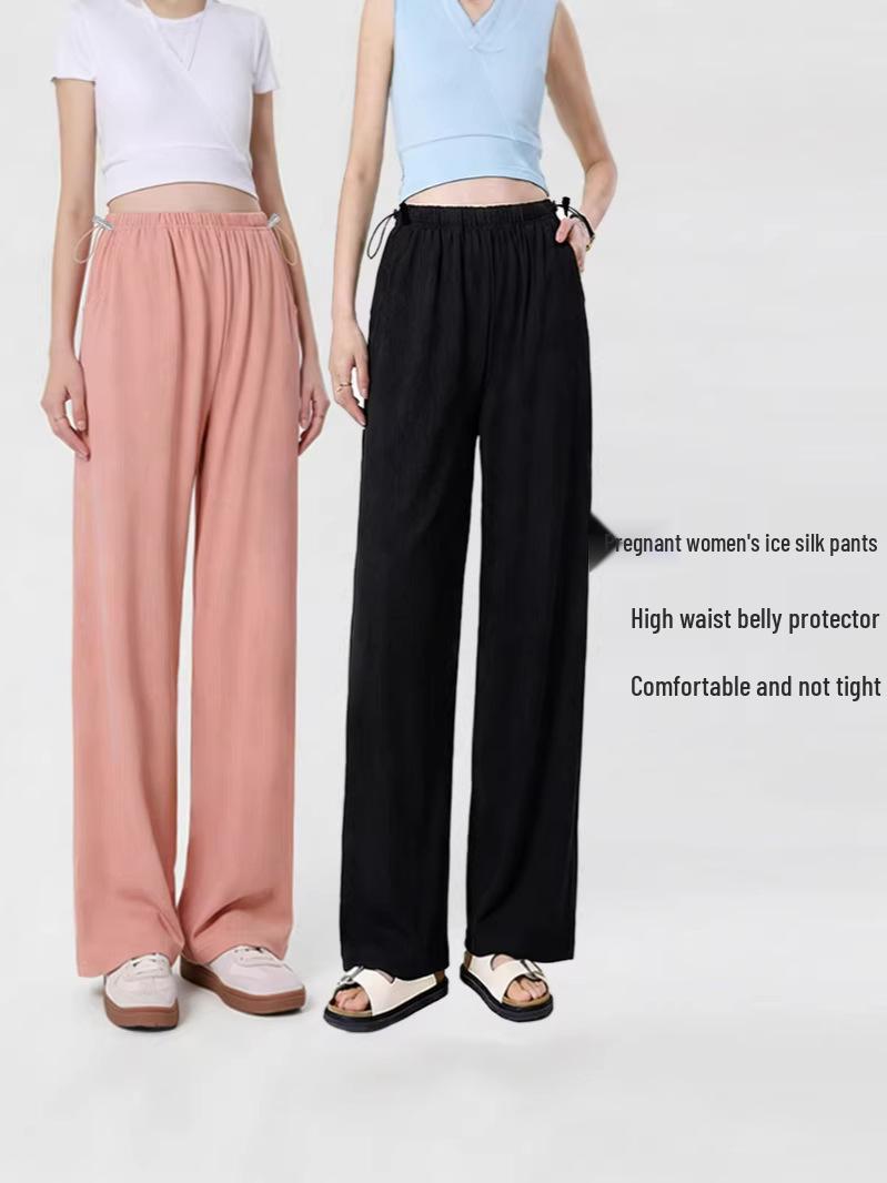

Summer Maternity Plus Size Wide-Leg Pants - Lightweight Ice Silk, High Waist, Casual Fit 2XL (150-180 lbs) чорний
