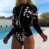 Women Long Sleeve One Piece Swimsuit Zip Front Flower Print Print Rash Guard Surfing Bathing Suit