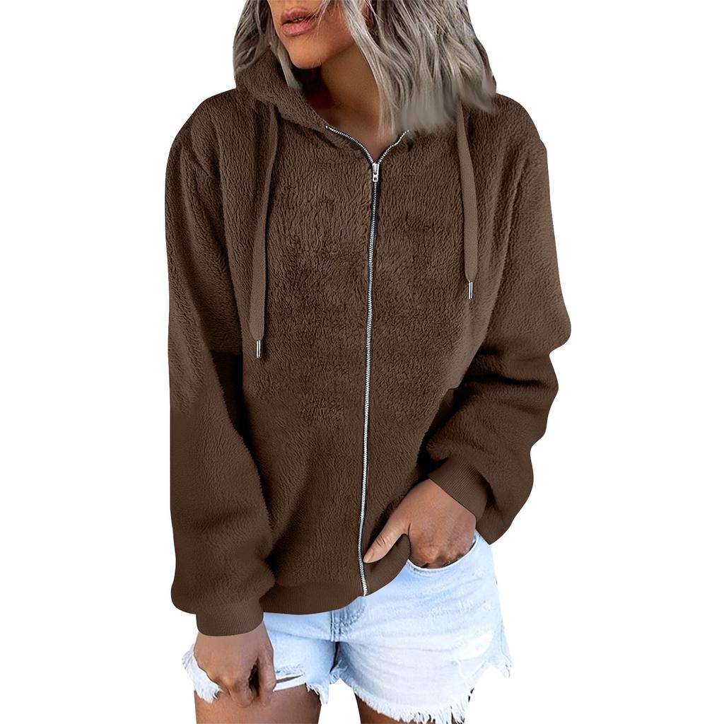 Felpa con cappuccio da donna alla moda calda in pile tinta unita con tasca con cerniera giacca casual