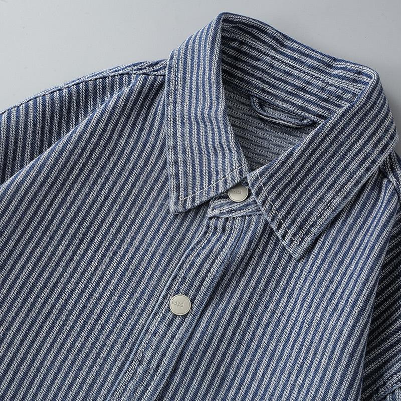 Men's Retro Vertical Stripe Denim Shirt - Spring/Autumn Loose Fit Long Sleeve Jacket