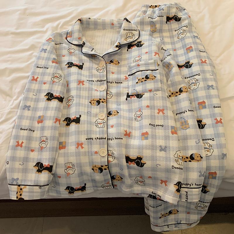 French Aesthetic Cartoon Letter Dog Print Women's Pajamas Set Plaid Button Cute Fashion Sleepwear Casual Nightwear
