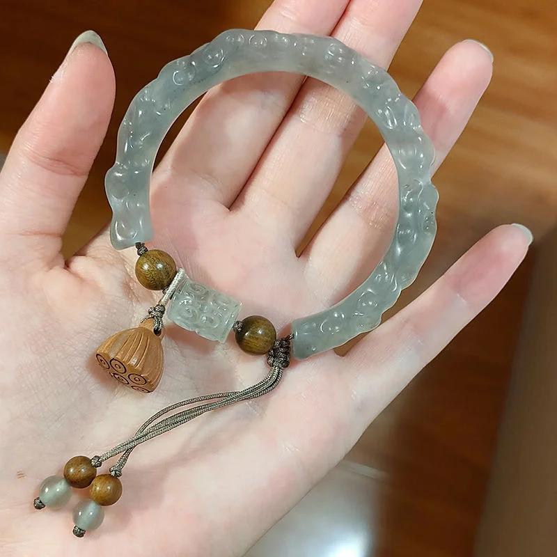 

New Antique Style Gentle Tassel Exaggeration Jade Bangle Texture Chinese Temperament Bamboo Bracelet Collection Trend Jewelry
