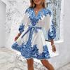 A New Summer Women's Dress with A Printed V-neck and Three-quarter Sleeves, Tied and Cinched Waist