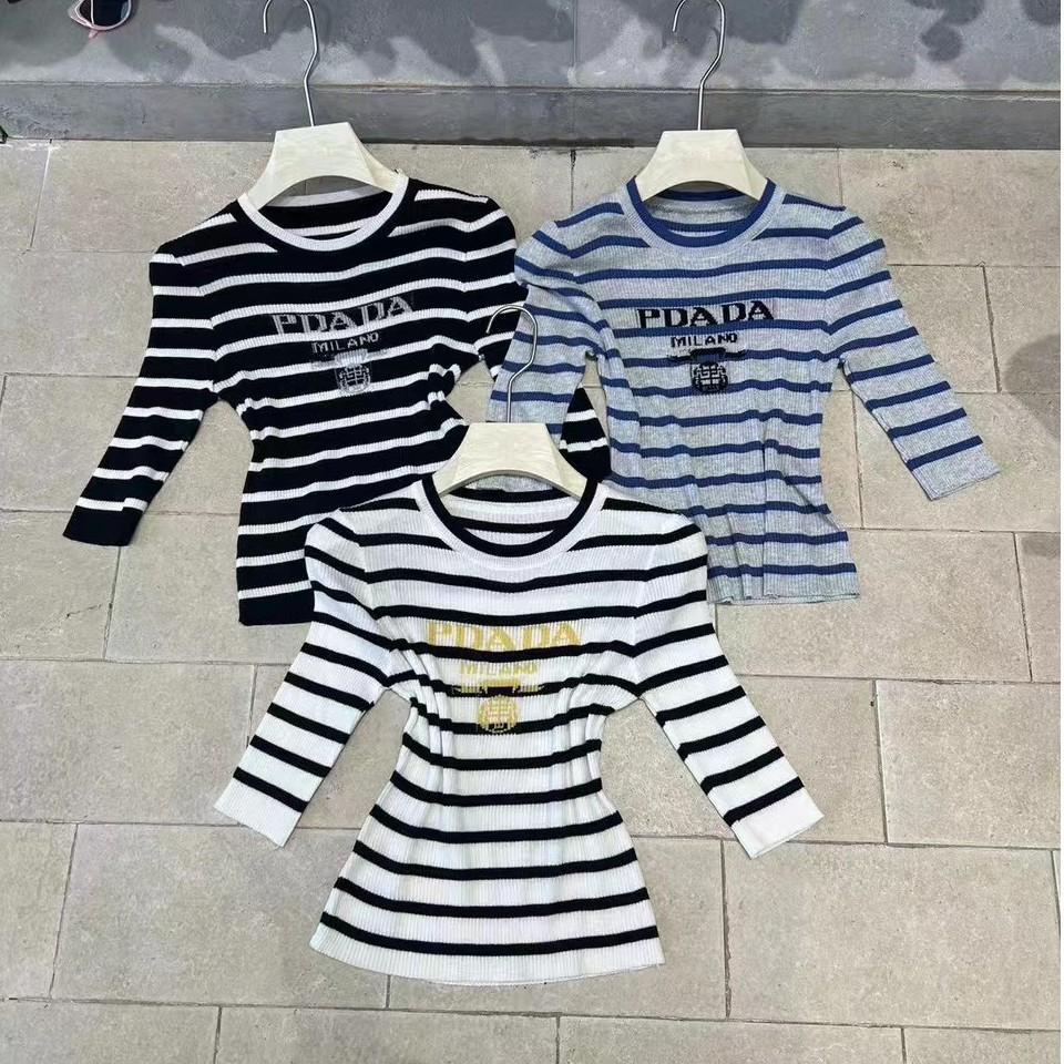 American Hot Girl Striped Letter Print Slim Crop Knit T-Shirt for Women