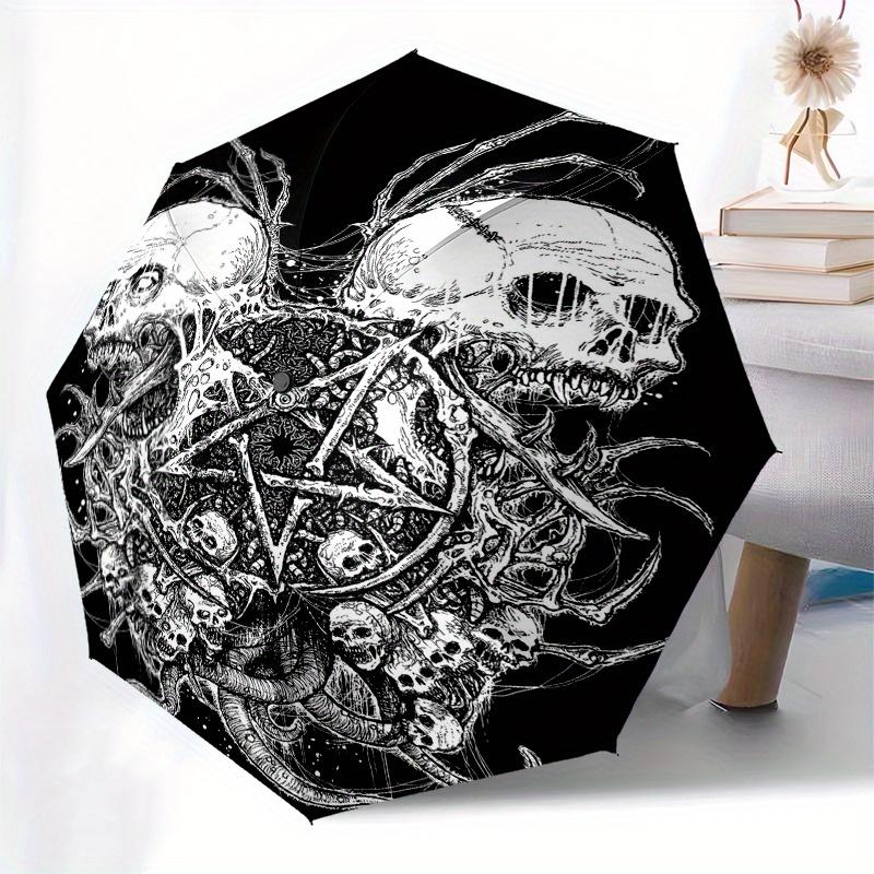 """Dunkle Gothic Totenköpfe & Pentagram Anstecknadel" Regenschirm, Süßer Regenschirm mit Süßem Design, Tragbarer 3-Fach Kompakter Regenschirm für Damen & Herren, Valentinstag Da"""