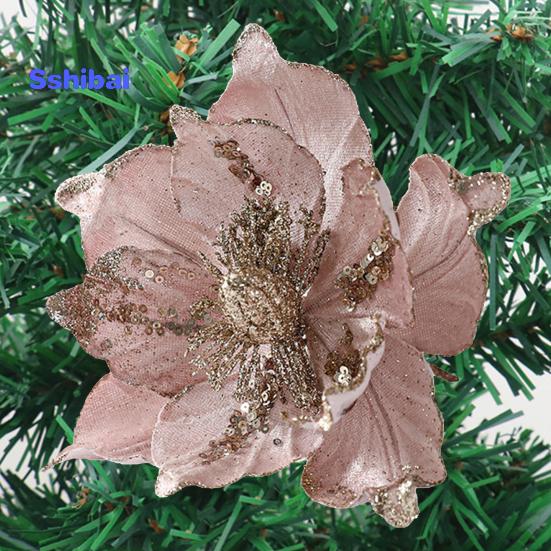 Glitter Artificial Flower Christmas Tree Decoration Vibrant Color Realistic Looking Easy To Hang Faux Flower Holiday Party Ornament