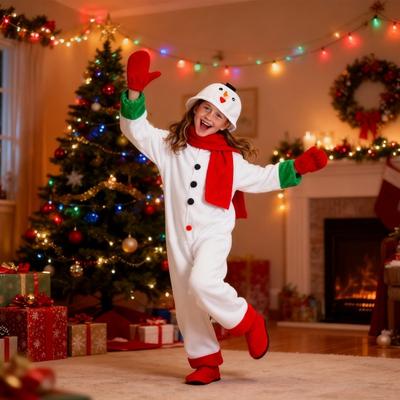 Kids Christmas Snowman Onesie Unisex Snowman Cosplay Costume Winter Plush One-Piece Pajamas with Gloves And Scarf for Boys Girls