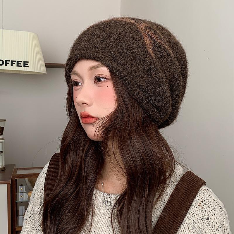 New Bow Knitted Hat Autumn and Winter Warm Ear Protection Pile Hat for Women Korean Style Big Head Circumference Showing Face Small Woolen Hat