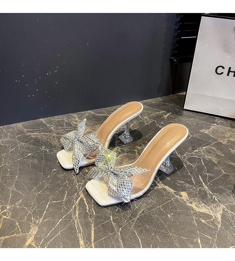 

Sexy night show rhinestone bow cool slippers female transparent crystal stiletto open-toed versatile high heels 39 білий