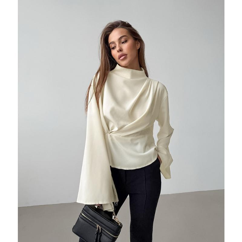 French Style Stand Collar Chiffon Flared Sleeve Pleated Split Shirt