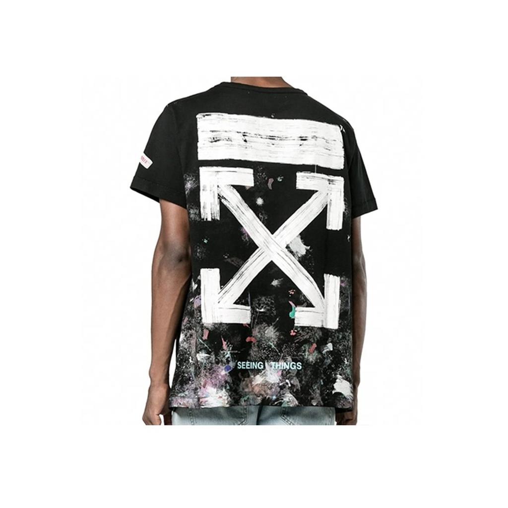 Off-White Fireworks And Galaxy Splatter Short Sleeve T-Shirt Unisex Tops Black OMAA002F176200179901