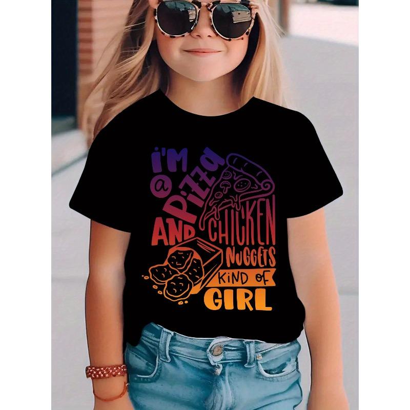 

European Size Girls Round Neck Short Sleeved T Shirt with Creative Print I Am A Pizza and Chicken Nuggets Kind of Girl 98cm чёрный