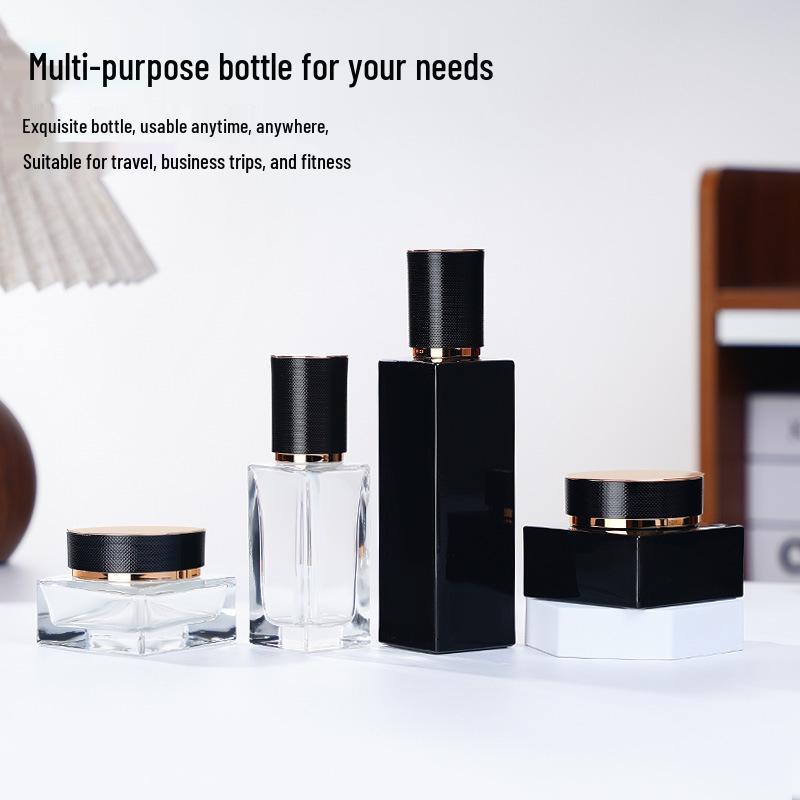 Press-Type Square Glass Skincare Bottle Set - Refillable for Lotion & Travel
