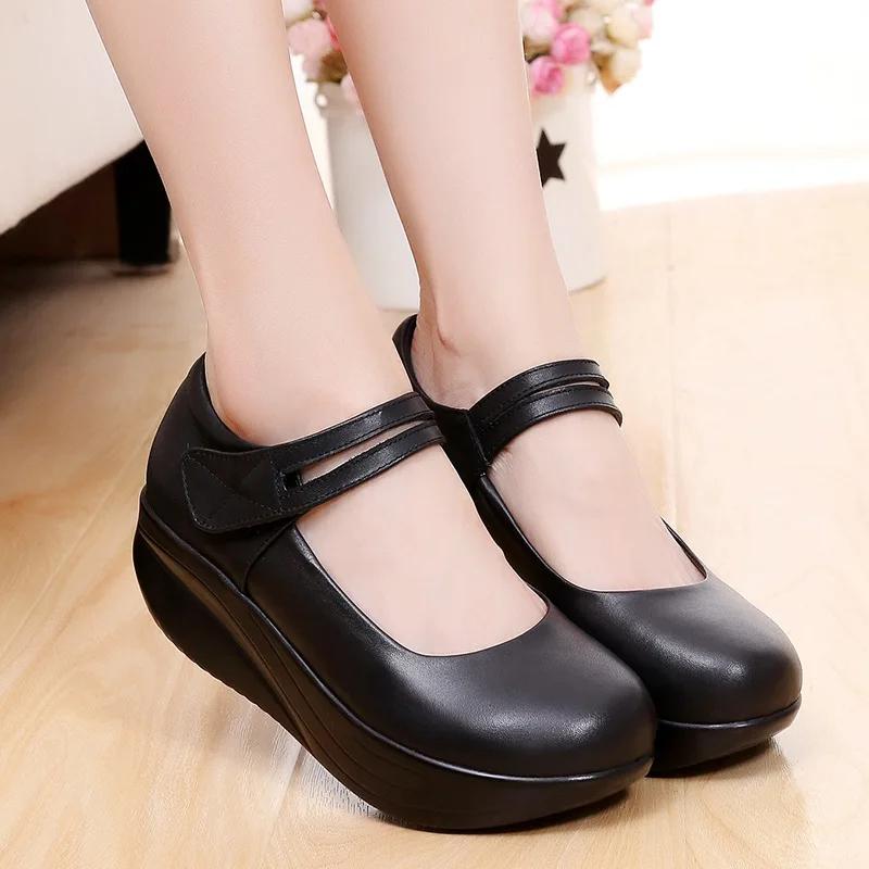 5.5cm Small Plus Size 33-43 Comfortable Leather Shoes Women Mary Janes 2025 Thick Bottom Platform Wedges Shoes Mom Office Dance