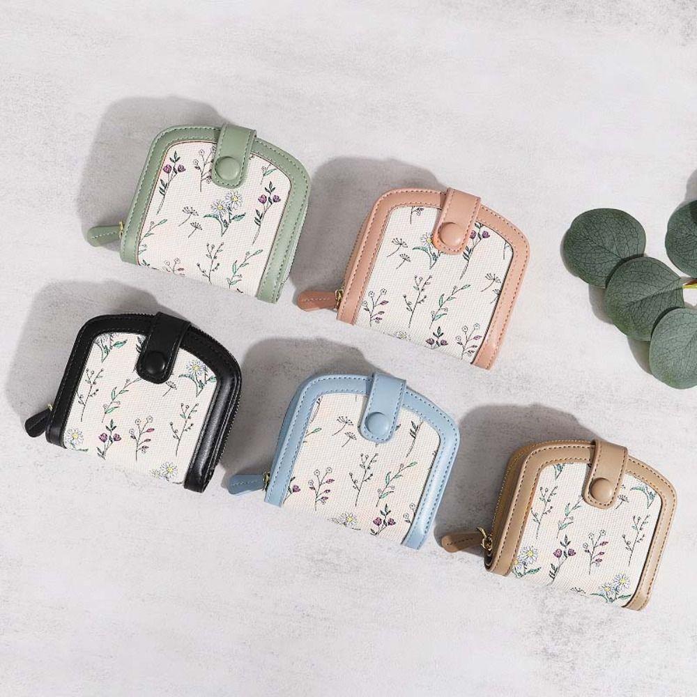 Floral Print Mini Coin Purse Bag Zipper Pouch Card Holder Portable PU Leather Short Wallet Women