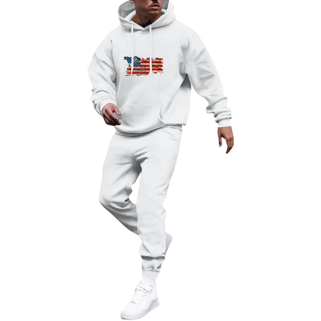 Men's Solid Color Flag Print Hooded Universal Versatile Hooded Sweatshirt Sweatpants Casual Sports Suit