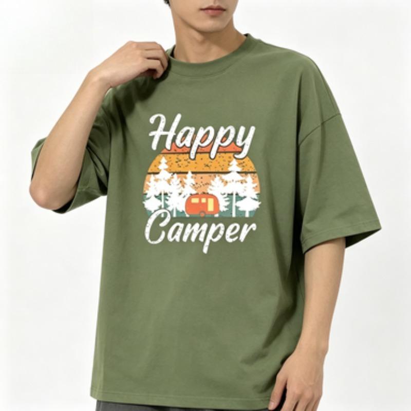 Retro Sunset Pine Tree Camper Van Print Unisex Cotton Tshirt Happy Camper Camping Short Sleeve Male Tops