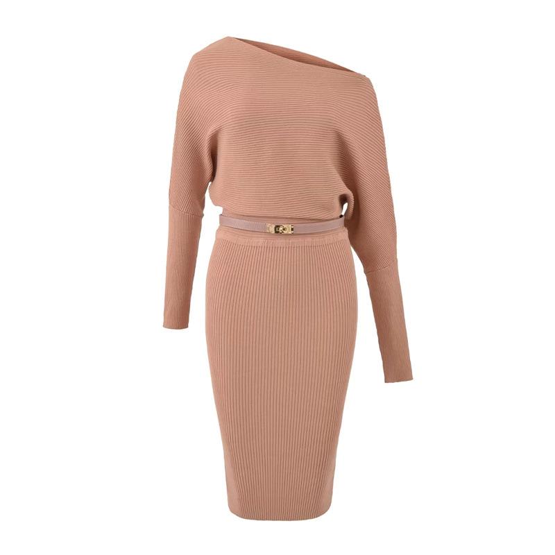 Elegant One-Shoulder Knit Dress with Slimming Waist Belt for Women – Mid-Length French Bodycon Style One Size