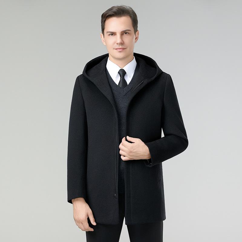 Men's Double-Faced Wool Coat with Detachable Down Liner - Lapel, Thick, Medium-Long, Casual Outerwear for Autumn & Winter.