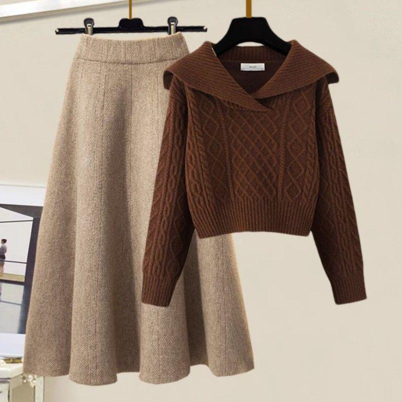 

Маленький костюм-двійка: Светр кабельної в язки з коміром Пітера Пена + В язана міді-спідниця А-силуету з високою талією, Осінньо-зимовий стиль. L