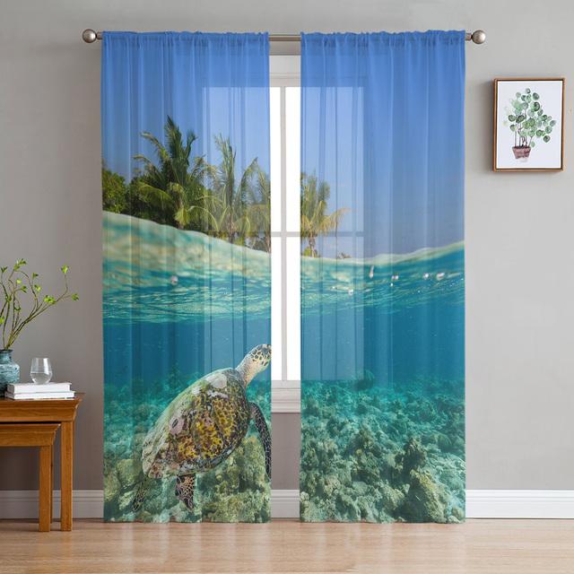 Blue Ocean Green Turtle Tulle Curtains For Bedroom Modern Voile Curtains Home Decoration Window Curtains