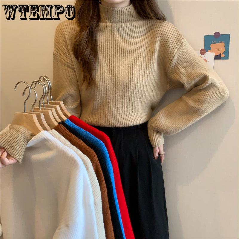 Half Turtleneck Sweater for Women Loose Solid-color Knitted Sweater for Autumn and Winter Casual Long-sleeved Pullover