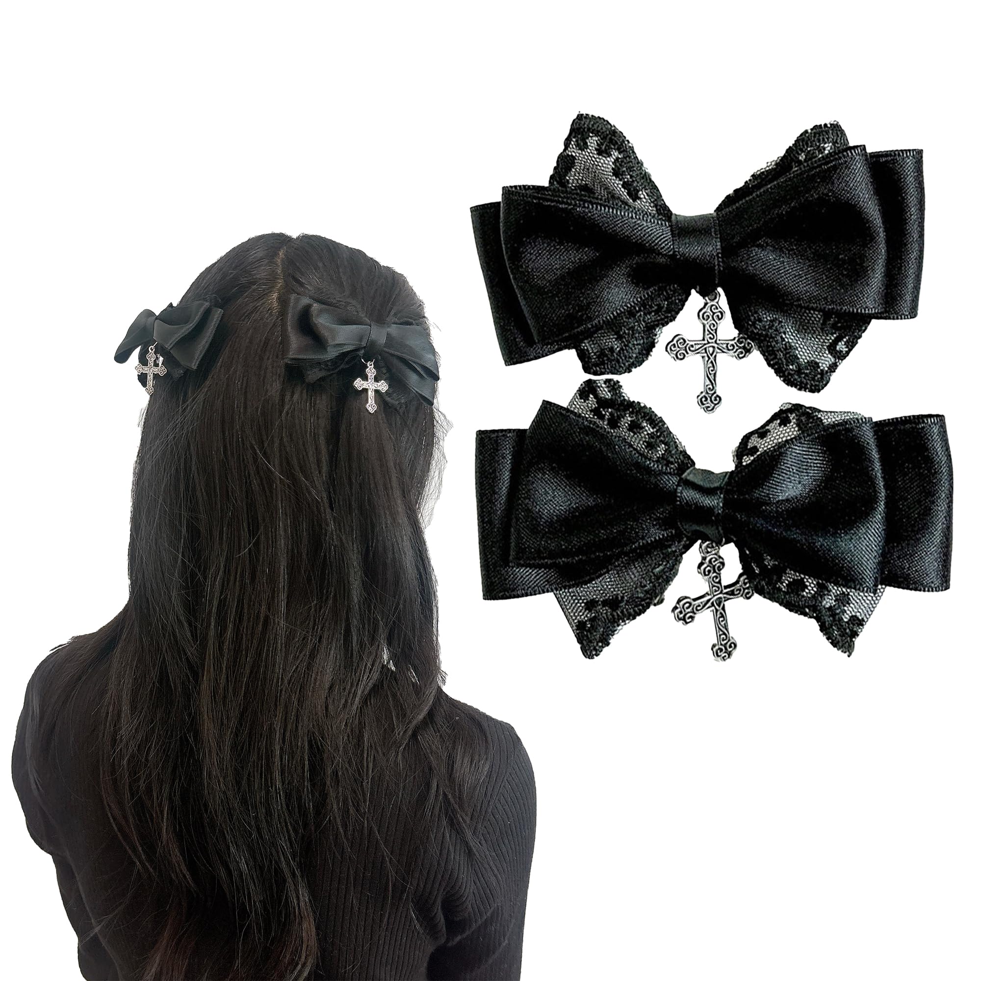 Set of 2 Black Lace Ribbon Clips with Cross Jeweled Ribbons, Lolita, Gothic Lolita, Hair Clips, Hairpins, Hair Accessories [Used]