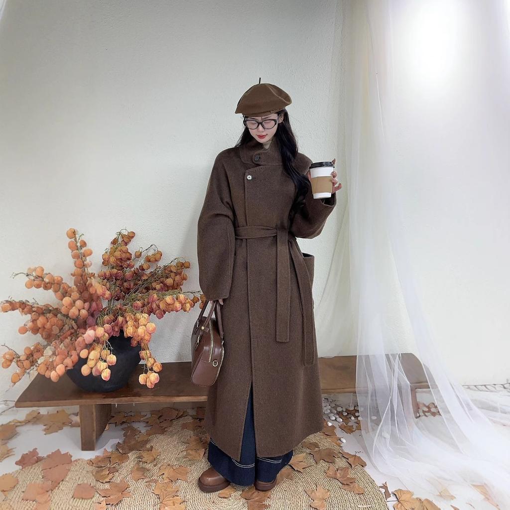 Stand Collar, Tie Waist, Double-sided Cashmere Coat for Women, Autumnal and Winter Korean Style Long Knee-length Loose Woolen Coat