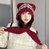 Cute Wool Blended Bear Hat for Women in Autumn and Winter Maillard Face Showing Small Warm Ear Protection Scarf Integrated Woolen Hat